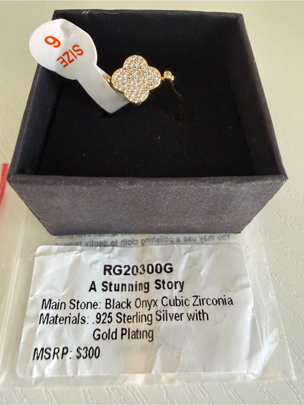 Gold Plated REVERSIBLE Black Onyx Cubic Zirconia Clover Ring - Size 6